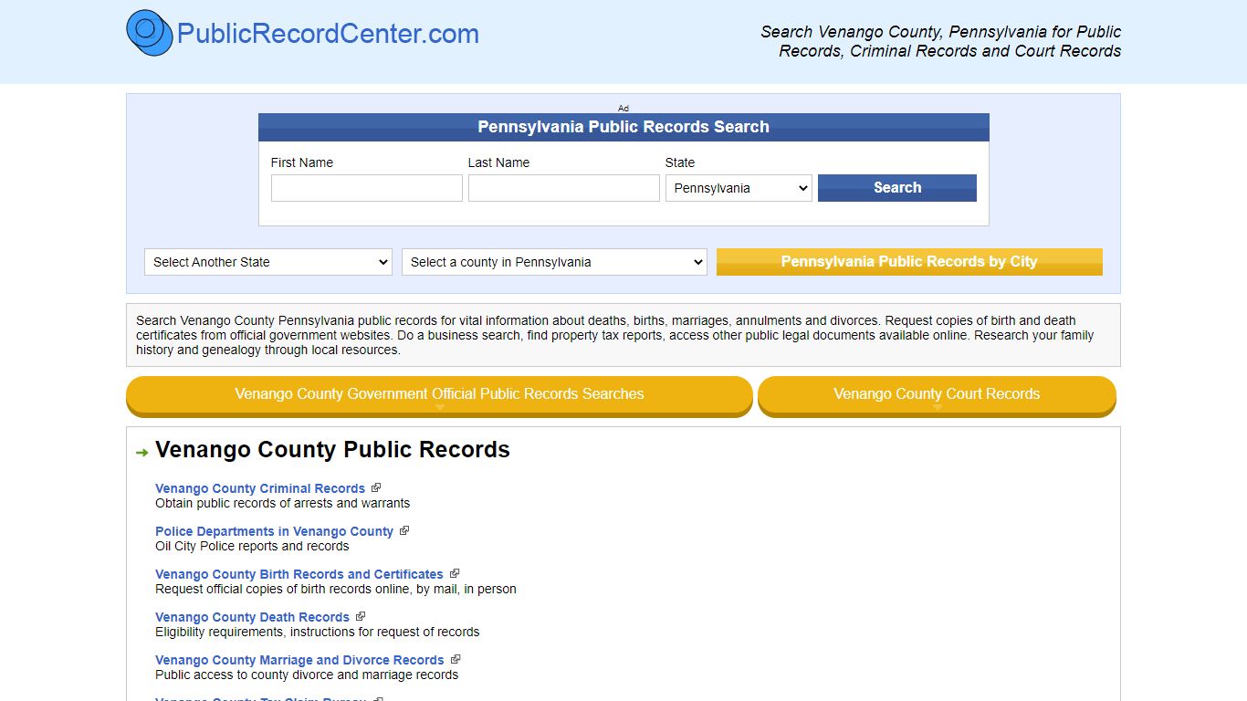 Venango County Pennsylvania Free Public Records - Court ...
